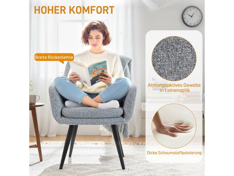  Fauteuil en tissu aspect lin avec pieds en métal, gris clair, 65 x 72 x 86 cm  - Conforama D