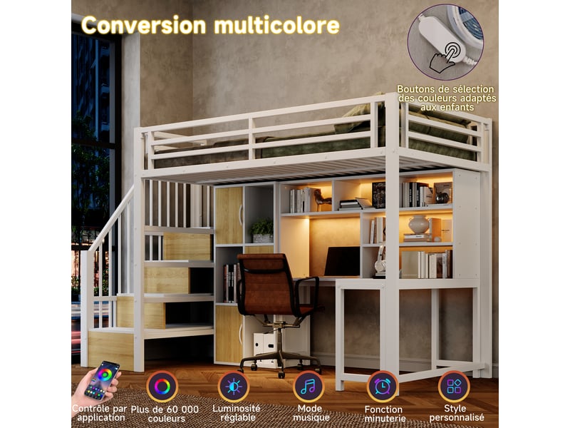  Lit mezzanine 90 x 200 cm - avec échelle de rangement - avec compartiments de rangement - avec bande lumineuse led - blanc (matelas non inclus)  - Conforama W