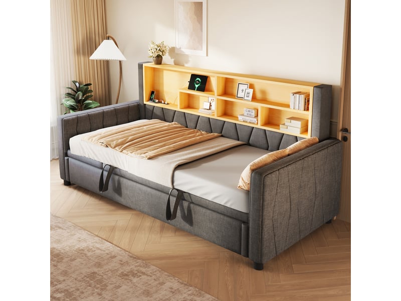  Lit banquette extensible 90 x 200 à 180 x 200 cm avec led multicolore et ports usbtype-c, sans matelas, lin et mdf - gris OMNIGLINT TRADING LTD - Conforama B