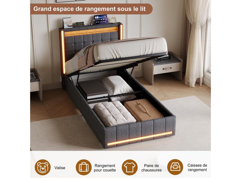  Lit coffre 90x200 avec led et usb, lit 2 place avec rangement hydraulique, lit simple rembourré avec sommier à lattes, sans matelas  - Conforama W