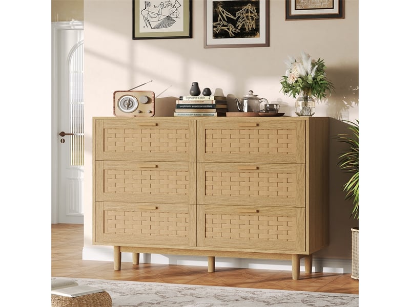  Commode 115x40x80cm - commode de chambre 6 tiroirs en cannage pvc, poignées en métal et pieds surélevés - chêne clair  - Conforama B