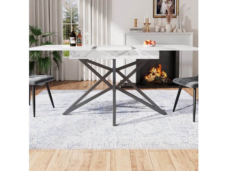  Ensemble de table à manger extensible avec 4 chaises, plateau effet marbre blanc, pieds métal noirs, style moderne  - Conforama D