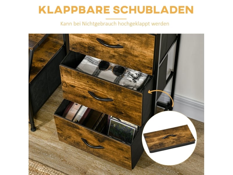 Commode avec 3 tiroirs pliables et 2 étagères, structure en acier, style industriel marron 44 × 29 × 92 cm - Conforama E