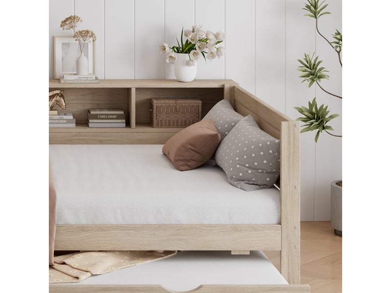 Lit gigogne en bois naturel 120 x 200 cm avec lit d'appoint 90 x 190 cm, rangements tout autour et station de charge intégrée sans matelas - Conforama W