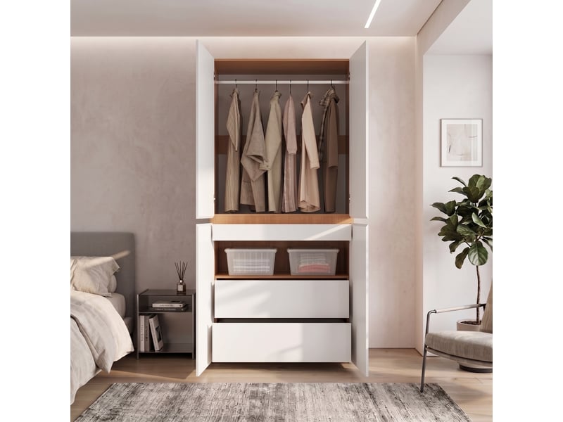  Armoire haute 90 x 50 x 200 cm, tiroir à bijoux, 4 portes, 1 tringle à vêtements, 2 tiroirs, chêneblanc Bliss Lite - Conforama E