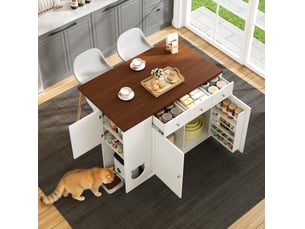 Îlot de cuisine 120x70x90 cm – blanc et noyer foncé – plateau extensible, rangement et espace animal