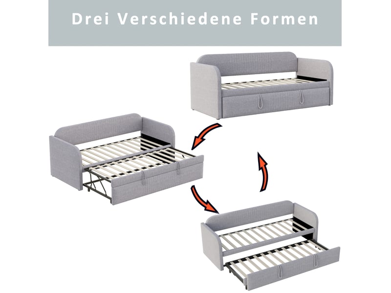  Lit gigogne 90 × 190 cm extensible avec sommier à lattes, revêtement en lin gris clair à rayures verticales pour chambre  - Conforama E