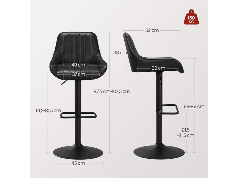 Lot de 2 tabourets bar réglable en hauteur, accoudoirs et dossier, en faux cuir + métal, noir  - Conforama C