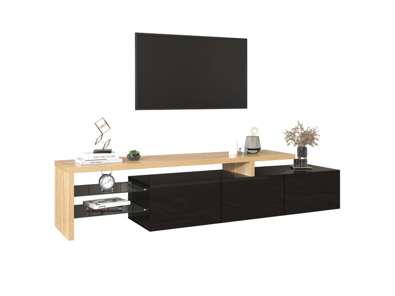  Meuble tv avec éclairage led, 3 portes et tablettes en verre, mdf e1, 197,5 x 39 x 42 cm, noir et bois  - Conforama B