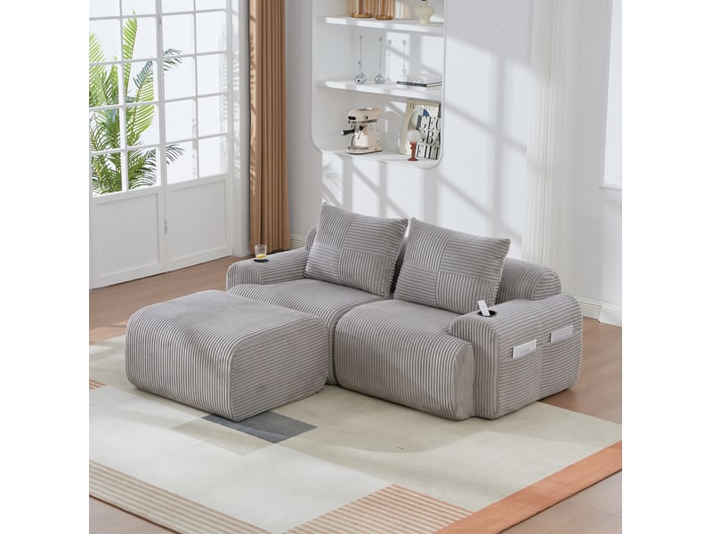  Canapé modulable 2 places 200x174x80 cm avec porte-gobelet et poche latérale gris clair  - Conforama E