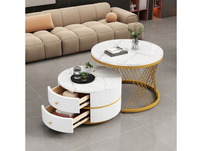 Tables basses gigognes effet marbre, 2 tables rondes avec 2 tiroirs, 60 et 50 cm, blanc - Conforama B