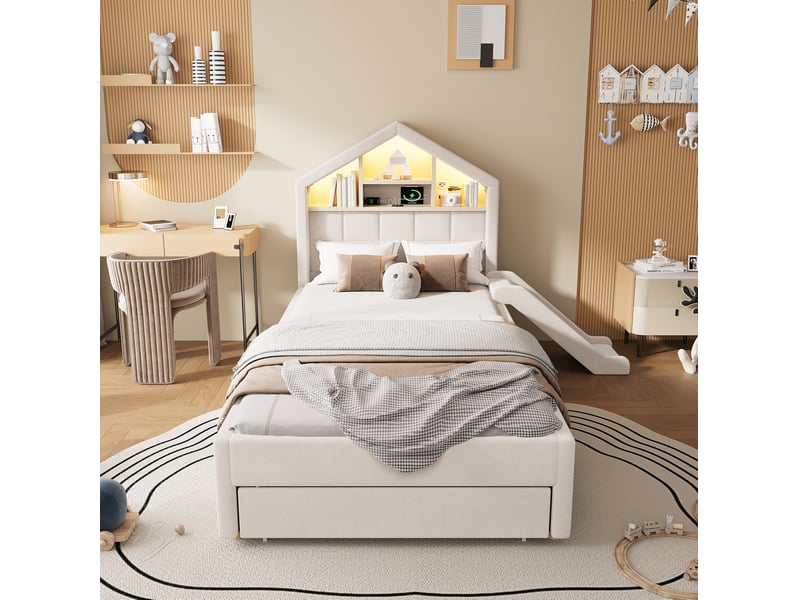  Lit cabane enfant 90x200 cm avec toboggan réversible, led, prise de charge, beige sans matelas  - Conforama D