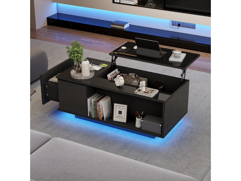 Table basse relevable noire 100x50cm avec rangement caché et led bluetooth - Conforama C