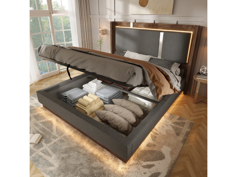 Lit coffre 160x200 avec sommier à lattes, led, lin gris et noyer - Conforama B