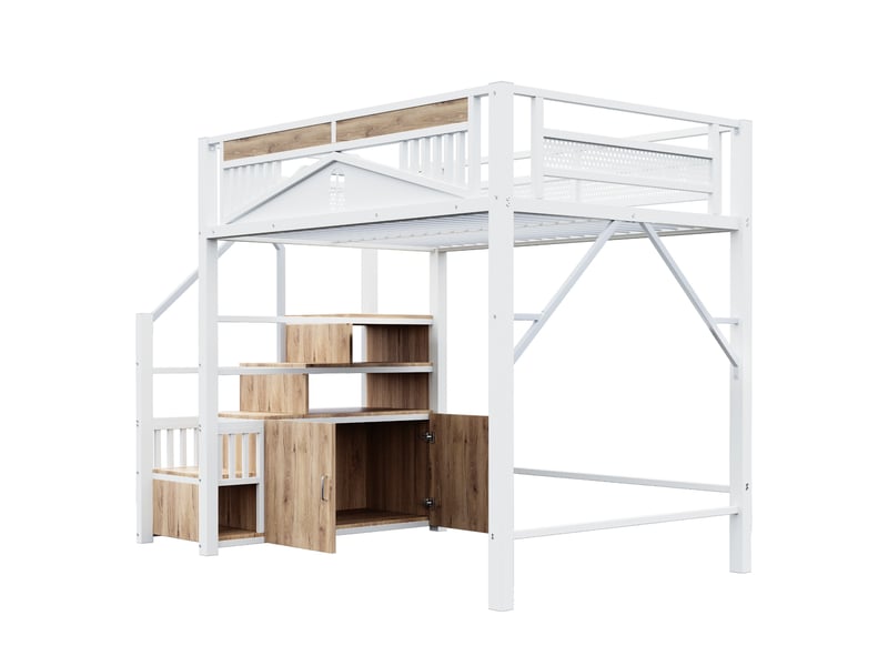  Lit mezzanine 140 x 200 cm avec escalier rangement, placard et garde-corps fenêtre, métal et bois, blanc Fay Lum - Conforama A