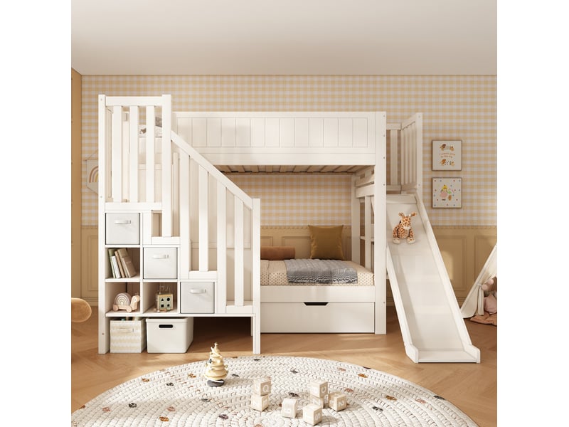  Lit superposé enfant 90x200 cm, lit double, toboggan et rangement, tiroir, style moderne, bois, blanc, sans matelas  - Conforama D