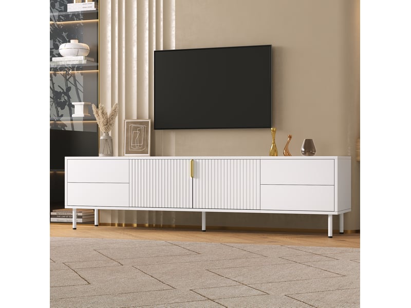  Meuble tv 180 x 40 x 49,5 cm blanc, mdf et panneaux de particules, 4 tiroirs avec passe-câbles arrière  - Conforama B