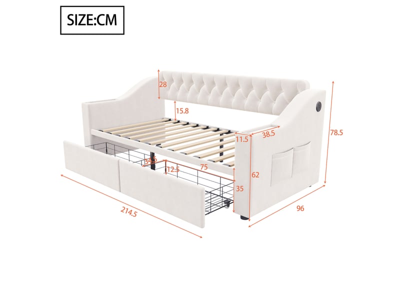  Lit enfant 90x190 cm tiroirs accoudoirs larges poches latérales ports usb revêtement velours beige sans matelas  - Conforama C