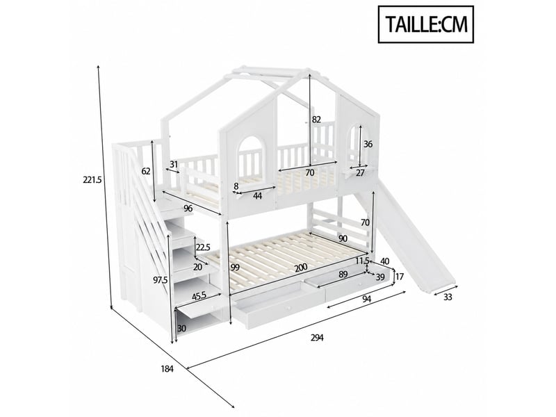  Lit superposé enfant, lit 2 places avec toboggan, 2 tiroirs et échelle de rangement, 90x200 cm, blanc  - Conforama D