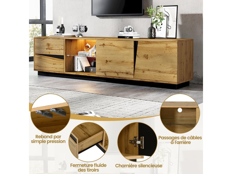  Meuble tv, 180 × 35 × 45 cm, avec éclairage led, 2 tiroirs et 2 portes, étagère en verre, compartiment ouvert, couleur naturel  - Conforama E