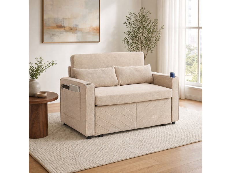  Canapé convertible 2 places coulissant avec ports usb  - fonction méridienne, structure en bois, tissu - beige  - Conforama C