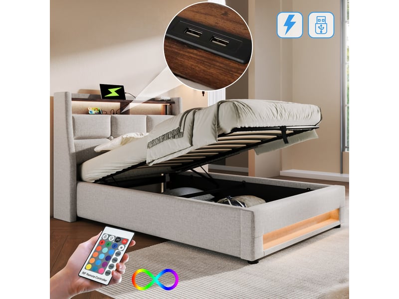  Lit coffre 90x200 cm, rangement hydraulique, éclairage led, usb, sommier à lattes, style vintage, gain de place pour chambre - beige  - Conforama D