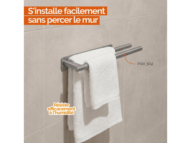  Porte serviette adhésif mural salle de bain ou cuisine 2 barres, sans perçage - acier inoxydable - chrome  - Conforama C