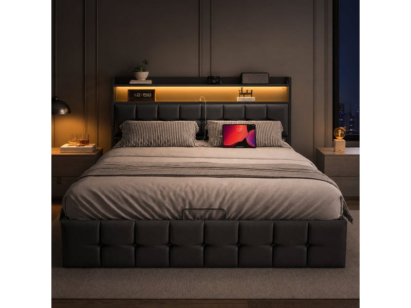  Lit coffre 160 x 200 cm avec sommier, lit double rembourré ,hydraulique, led,usb et de type c, lit 2 personnes, pu, noir  - Conforama D
