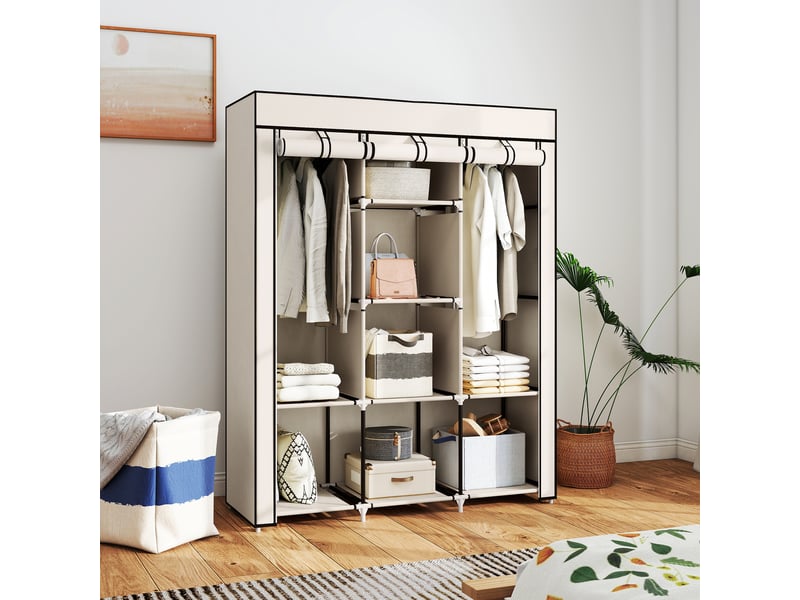  Armoire penderie multi-rangement - 8 étagères, 2 barres - non tissé crème  - Conforama C