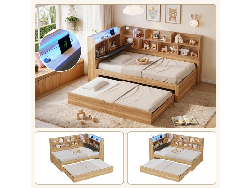  Lit banquette 90x200 cm avec lit gigogne 90x190 cm, rangements, port usb, type-c et éclairage led, naturel  - Conforama D