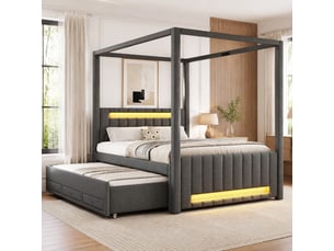 Lit baldaquin 140x200 cm gris avec lit gigogne, 3 tiroirs et led