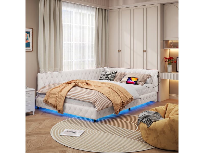 Lit 140x200 cm avec led et usb, lit plat ,lit double avec sommier, velours teddy, beige, design moderne - Conforama E