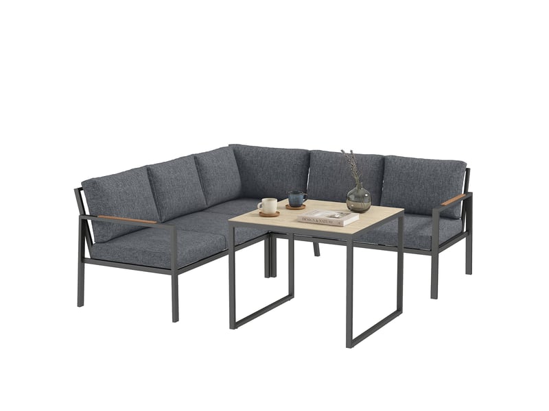 Salon de jardin extérieur 3 pcs 5 pl. 2 canapés avec coussins épais, 1 table basse,gris foncé - Conforama A
