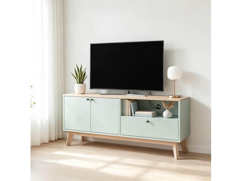  Meuble tv 120 cm avec 2 portes, tiroir et niche ouverte, vert clair et chêne  - Conforama B