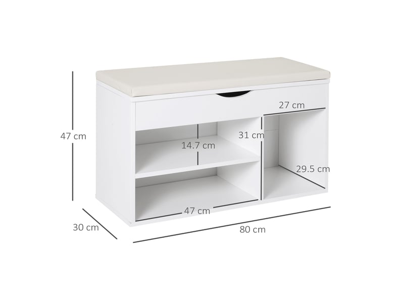  Banc à chaussures, étagère à chaussures d'entrée peu encombrante avec siège rembourré pliable, en bois, 80 x 30 x 47 cm, blanc  - Conforama E