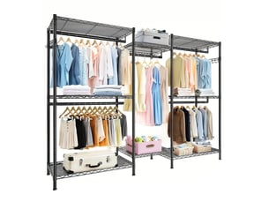 Porte-manteau noir - grand dressing ouvert en métal avec 8 étagères et 5 barres de penderie réglables
