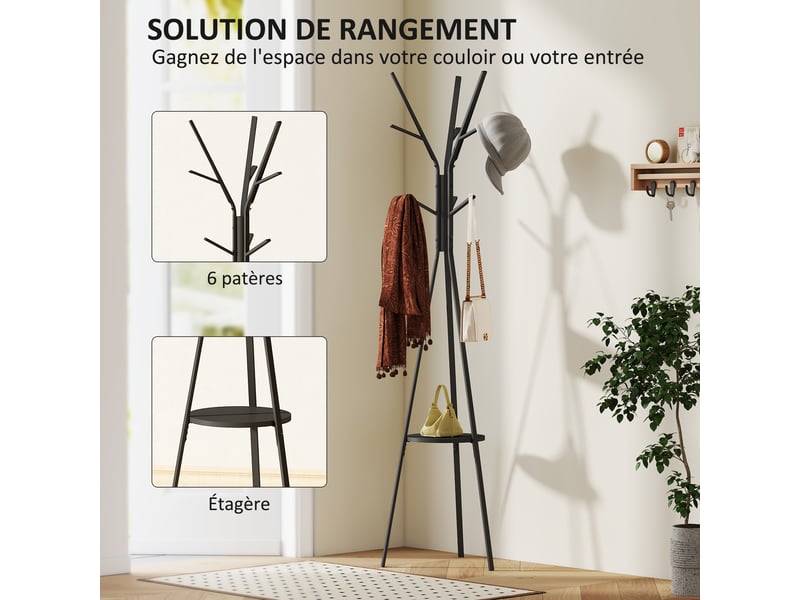  Porte-manteau trépied design branches étagère 9 patères 45x45x180 cm métal noir pour entrée  - Conforama C