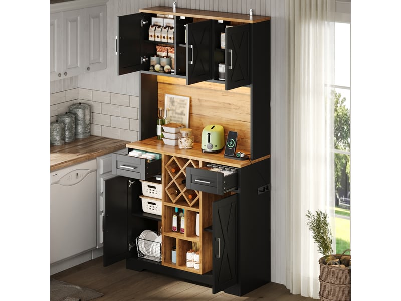  Armoire de cuisine haute - 105 x 40 x 180 cm - noir et bois - meuble de rangement vaisselier avec éclairage led et prises intégrées  - Conforama D