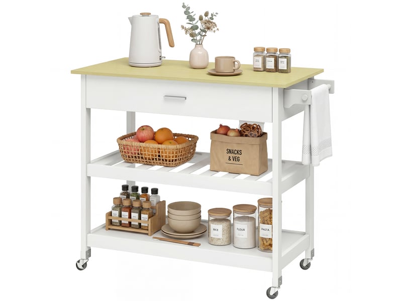  Desserte de cuisine à roulettes avec tiroir et étagères blanc 108,8x51x92,5 cm  - Conforama A