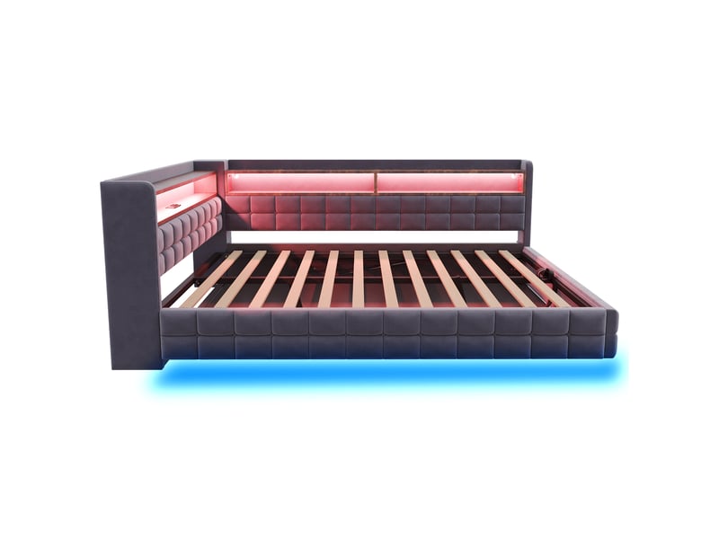  Litcanapé-lit multifonctionnel capitonné 140 × 200 cm, avec rangement hydraulique, étagère en bois, bande lumineuse led, prise électrique, ports de chargement usb et type-c, sommier à lattes, revêtement en velours gris foncé  - Conforama E