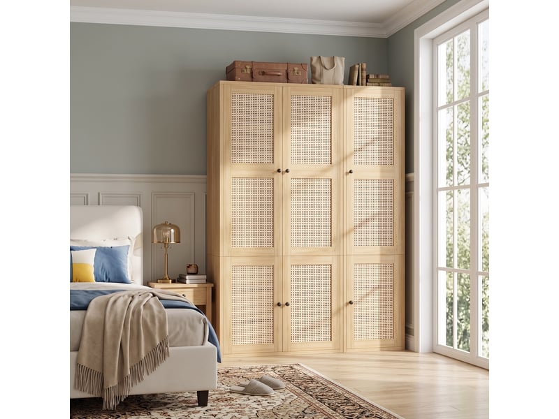 Armoire chambre 135x47x200 cm, penderie avec portes en rotin tressé et tiroirs, en mdf de style bohème chic, avec 6 tiroirs et 2 tringles, bois - Conforama C