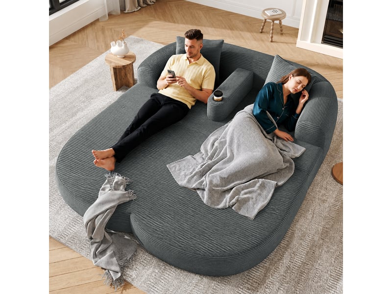 Canapé de sol compressé 184 cm 2 places, convertible en lounge avec accoudoir central amovible et porte-gobelet, velours côtelé gris foncé - Conforama B