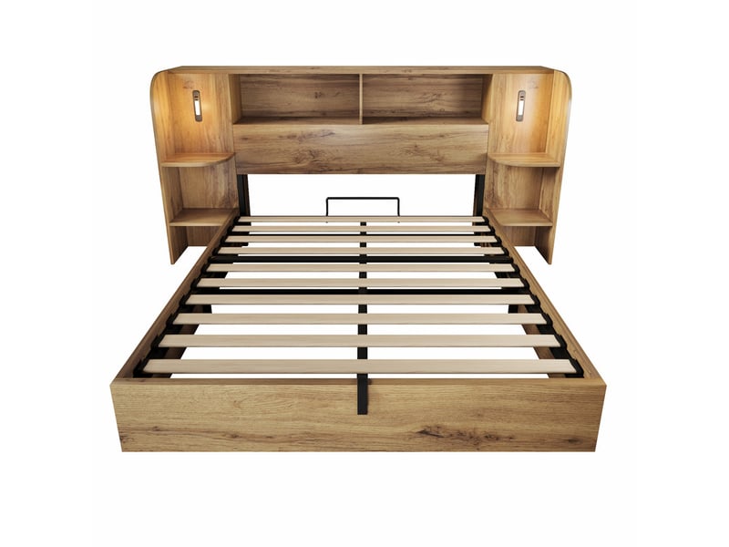 Lit double 160x200, avec coffre hydraulique, étagères tête de lit, liseuses led tactiles, usb-c, sommier lattes, chêne - Conforama A