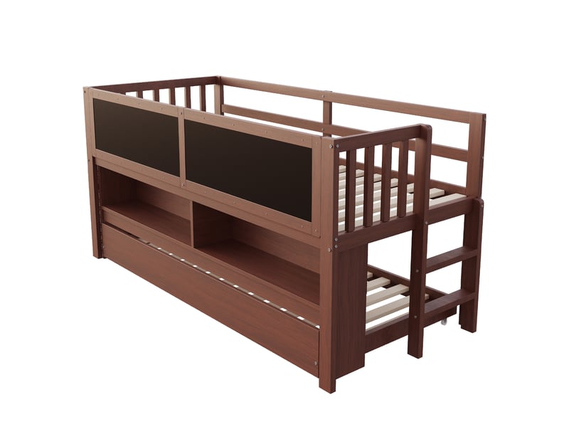 Lit mezzanine enfant 200×90 cm avec couchage gigogne, rangements ouverts et tableau à craie, en bois brun  - Conforama E