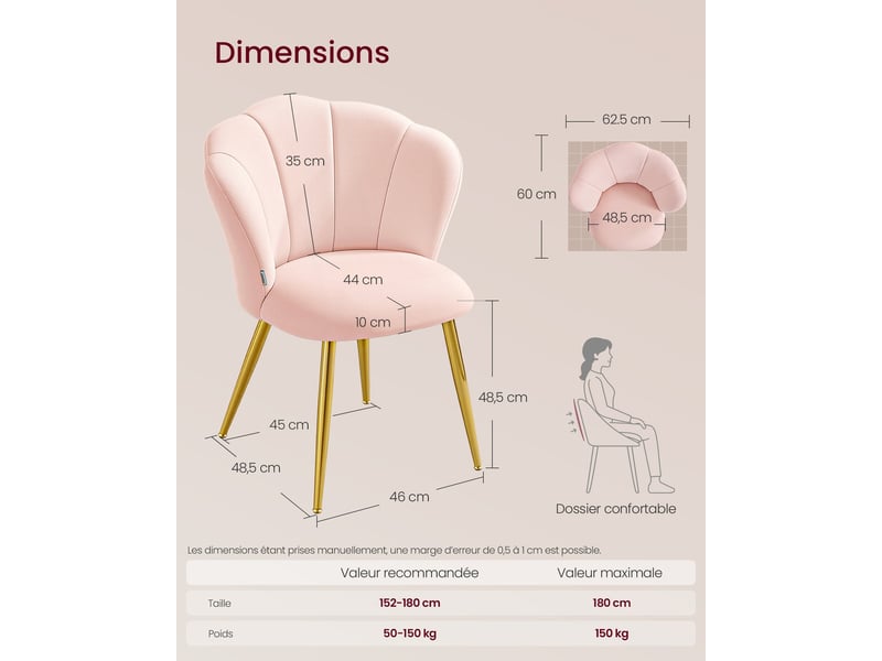  Chaise de salle à manger rembourrée style moderne dossier pétales 62,5 x 60 x 80 cm en velours rose poudré 12_0013047  - Conforama B