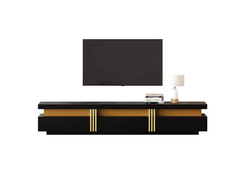  Meuble tv moderne bas 200x40x42cm avec 3 tiroirs, motif marbre (non marbre réel), panneaux de particules, couleur noir  - Conforama A