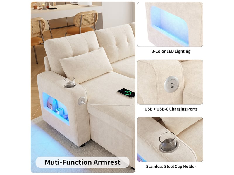 Canapé d'angle 4 places - avec rangement - avec porte-gobelet - avec port usb - avec éclairage led - beige - Conforama W