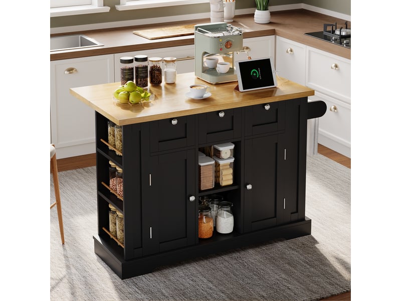 Île de cuisine mobile - 132x70x87 cm - plateau pliable - naturel+noir - mdf - 3 tiroirs - étagères à épices - Conforama W
