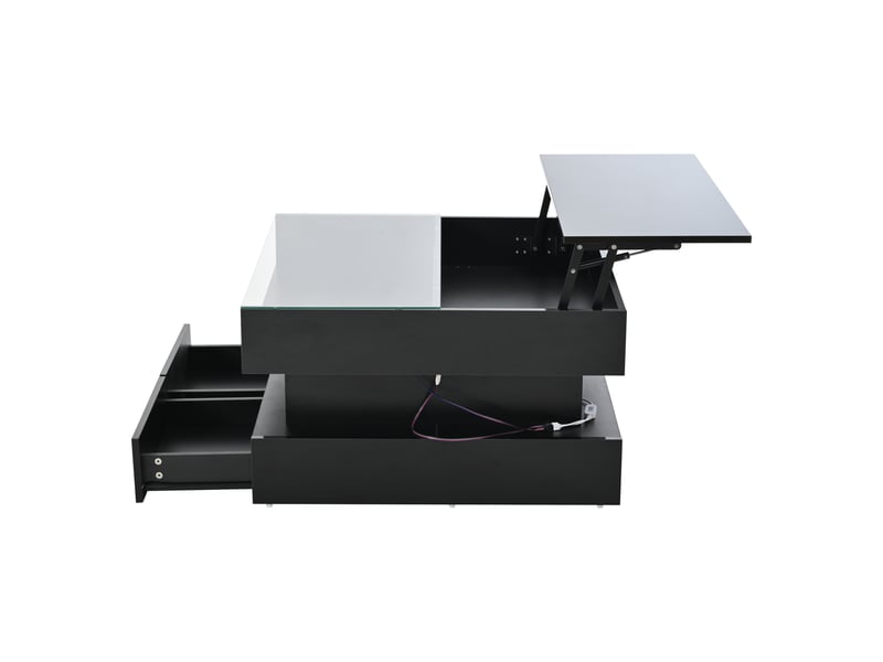 Table basse 80 x 80 x 45 cm, réglable en hauteur, avec rangement dissimulé et 2 tiroirs, table d'appoint avec éclairage led, finition laquée brillante, en verre trempé noir. - Conforama E