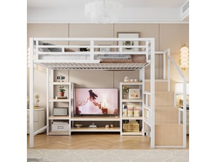 Lit mezzanine 140x200 cm blanc, support tv, prises électriques, rangements et échelle sécurisée.